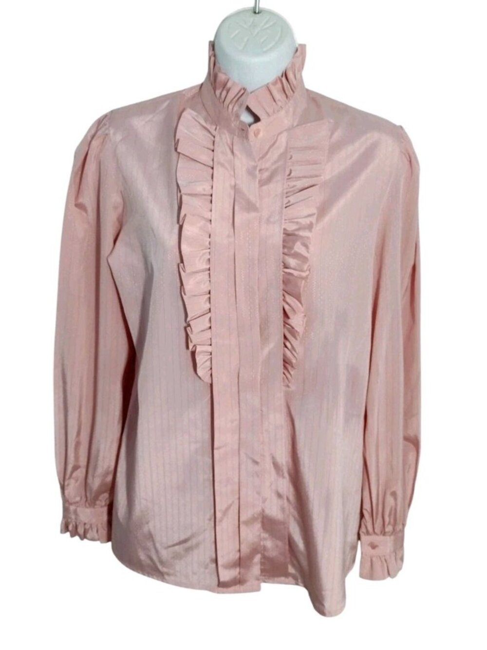 Vtg Ruffle Front Shiny Button Shirt 9 Pink Office Coquette Regency Casual Corner